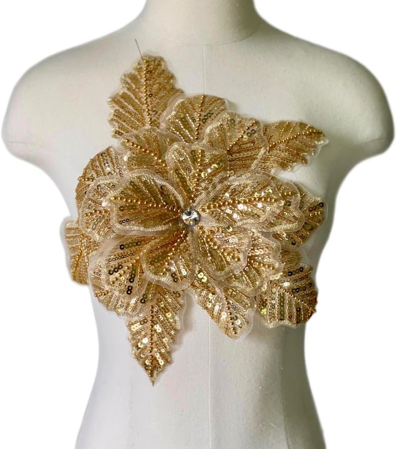 JRYYR Handmade Rhinestone lace Appliques, Sequin Flower Patches, Sewing Beaded Appliques for Dresses, Wedding Dresses, Bags and Other DIY Decorative Accessories (Gold-08) - Image 1